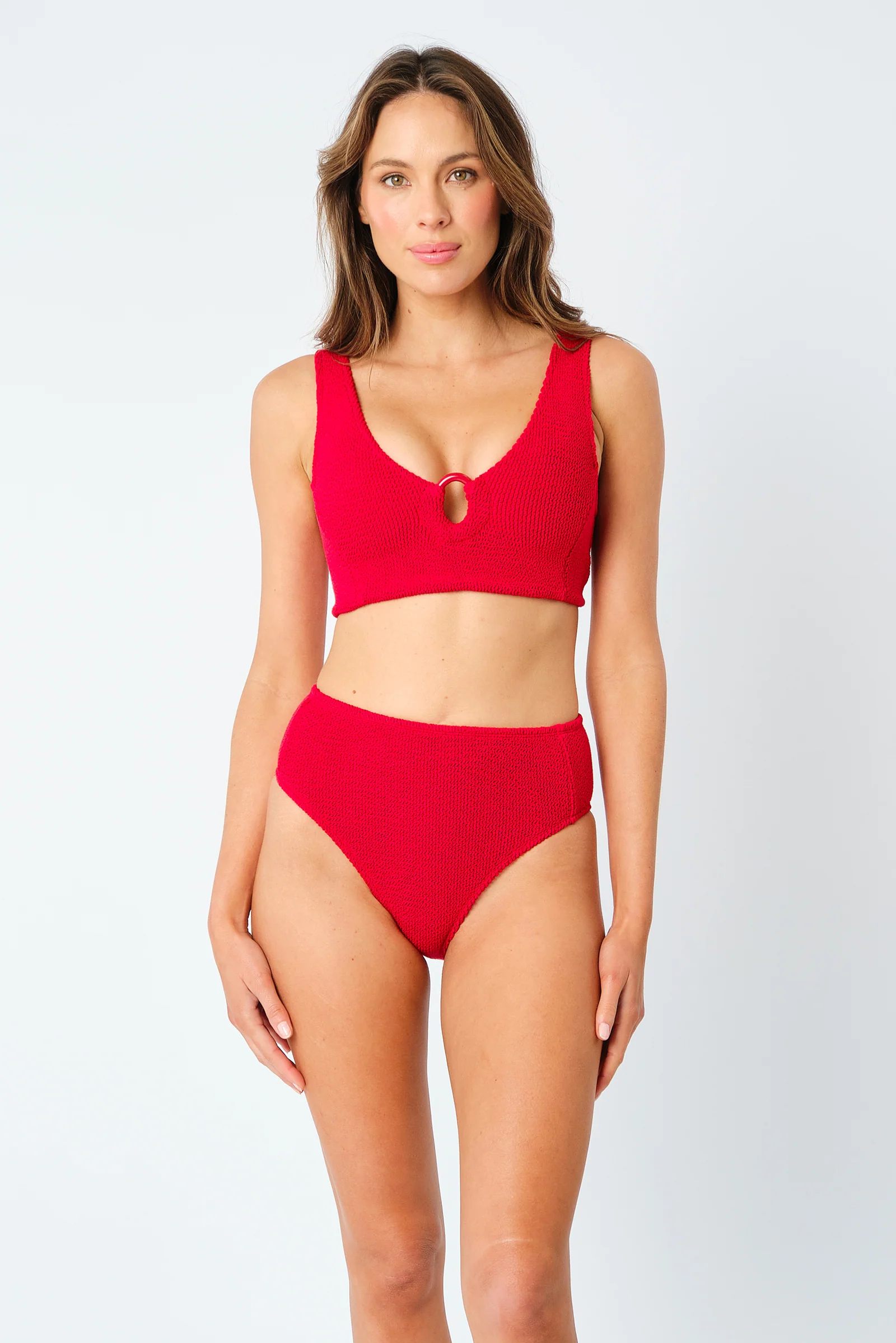 Crinkle Cut V-Neck Bikini Bralette with Ring RED - Image 5
