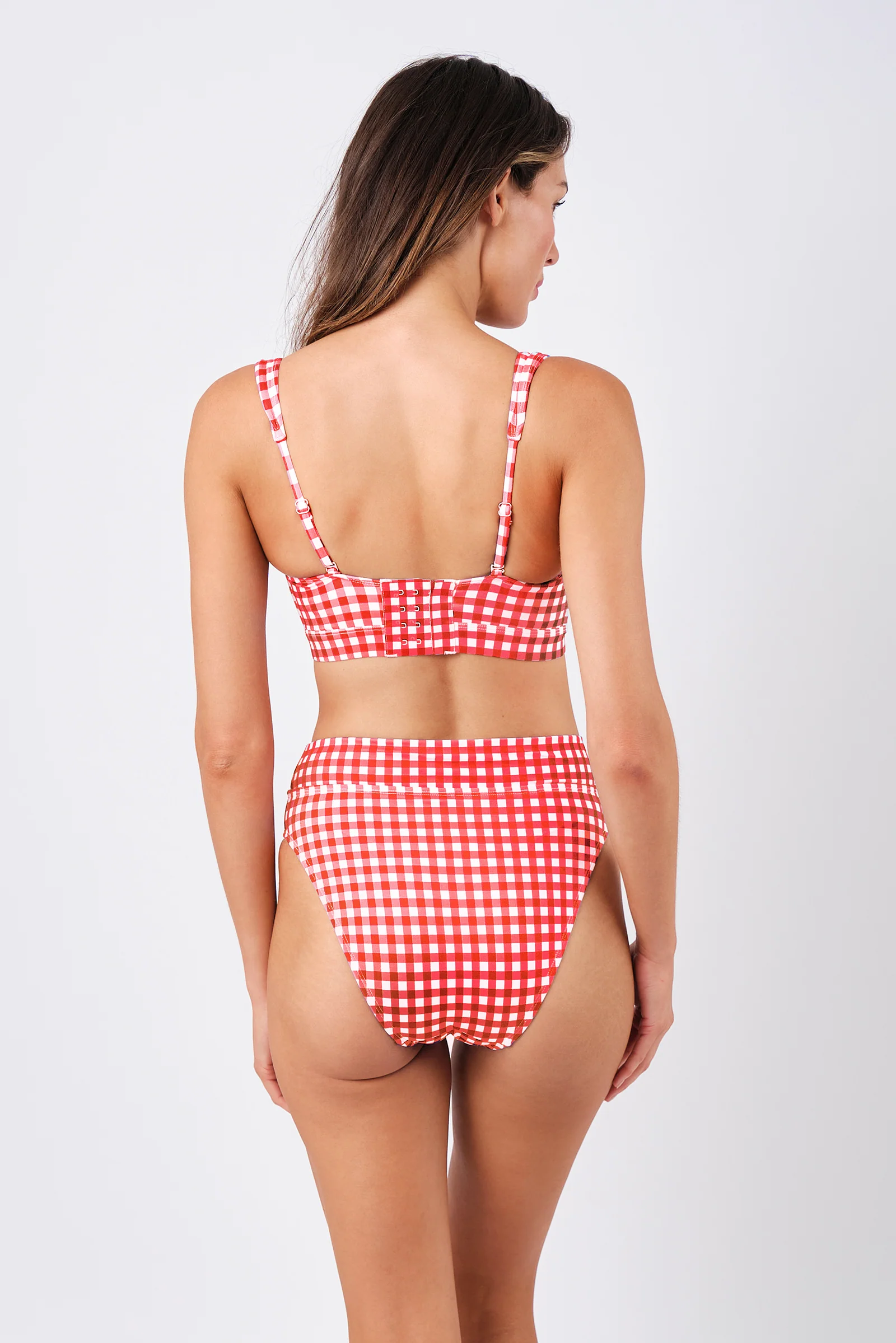 High-Cut High-Waisted Bikini Bottom RED GINGHAM - Image 3