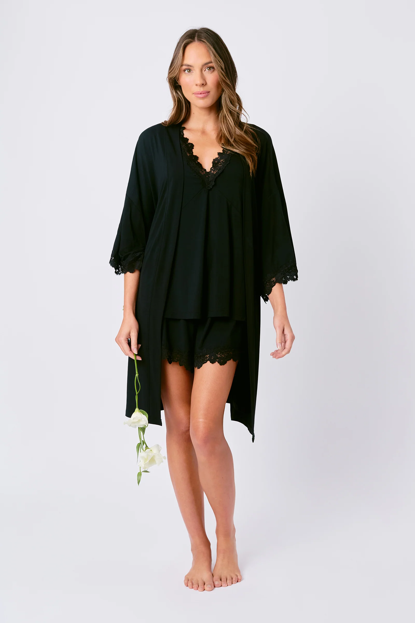 Lace Trim Cami + Shorts Sleep Pyjama Set BLACK - Image 7