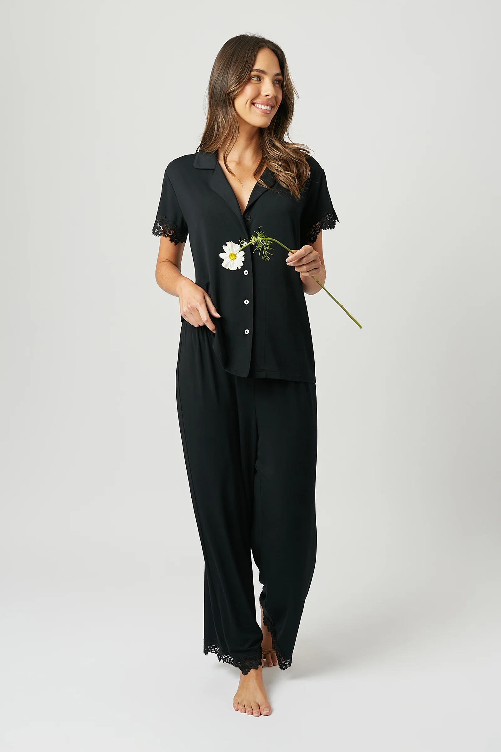 Lace Trim Modal Full Length Pyjama Set BLACK - Image 3