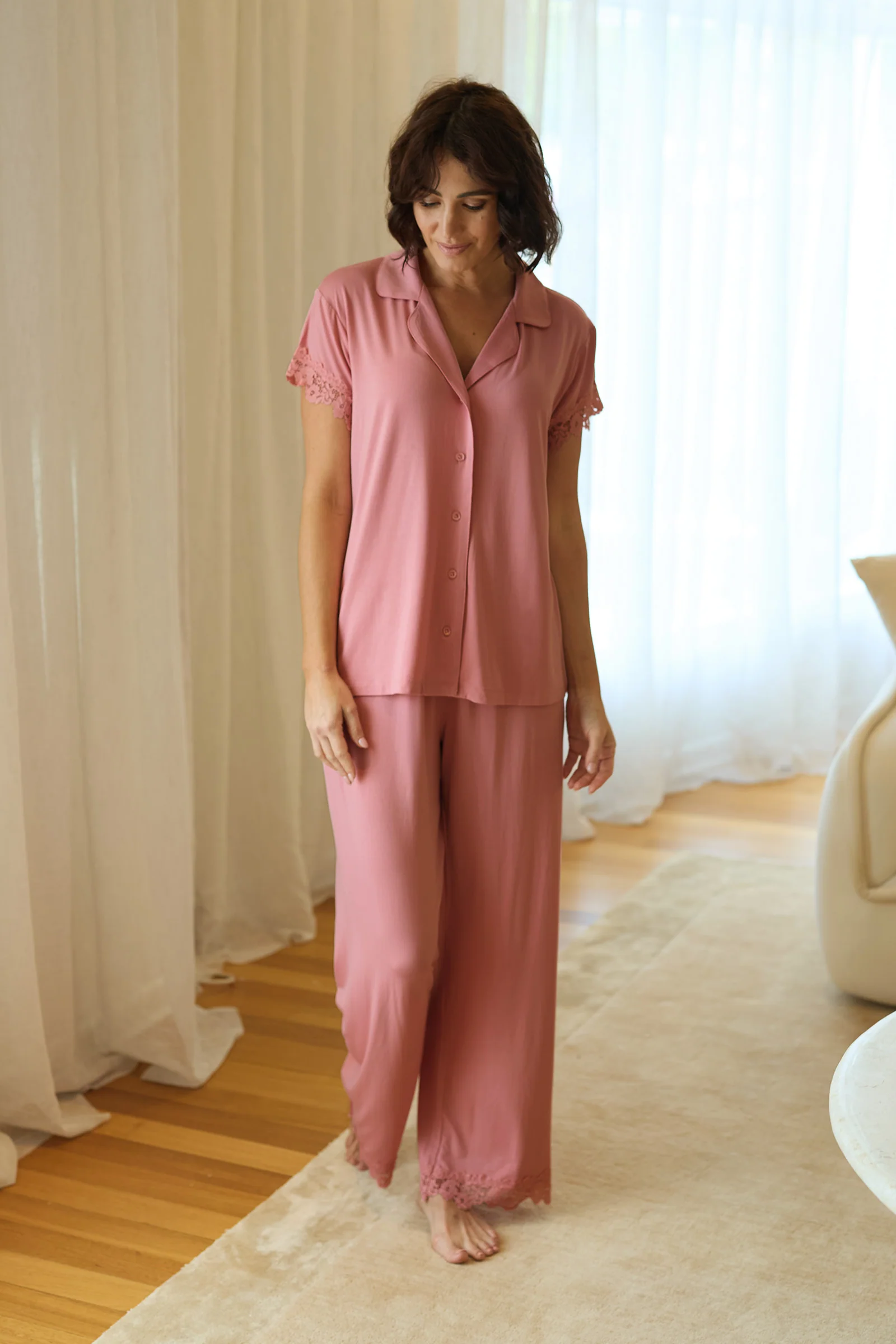 Lace Trim Modal Full Length Pyjama Set BLUSH PINK - Image 3