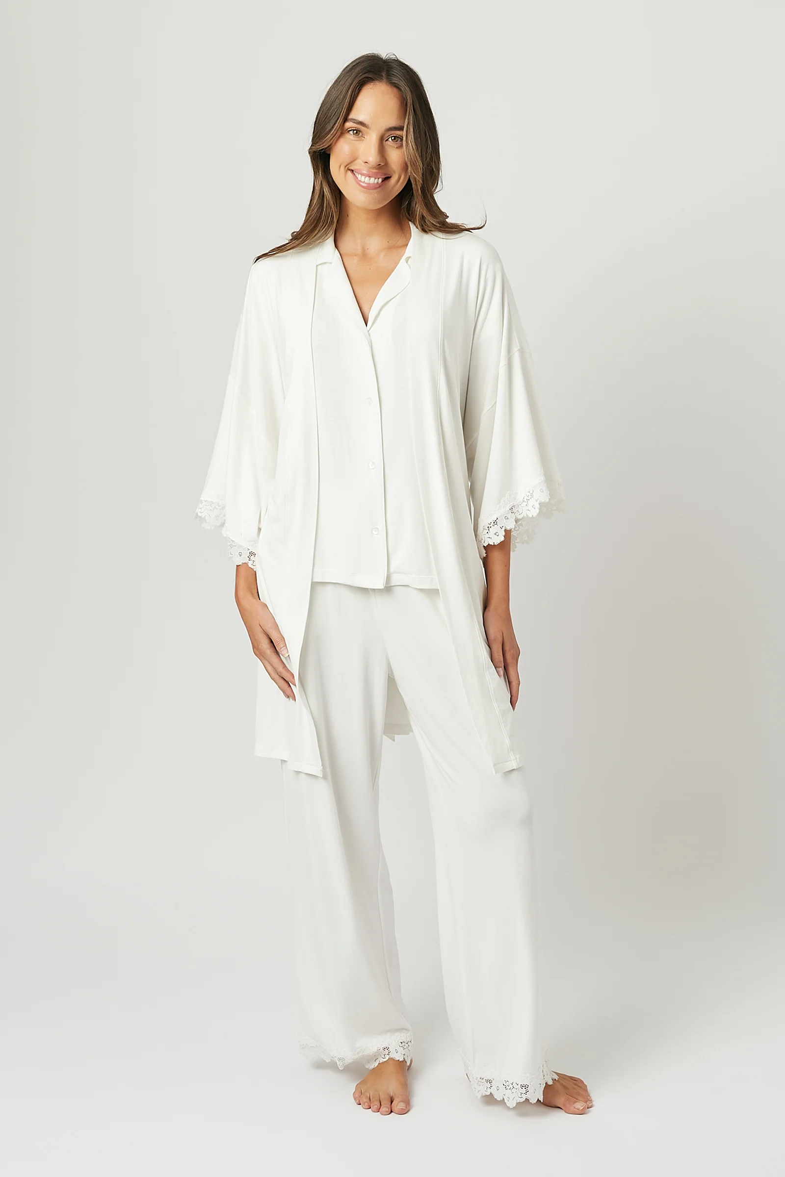 Lace Trim Modal Full Length Pyjama Set IVORY - Image 5