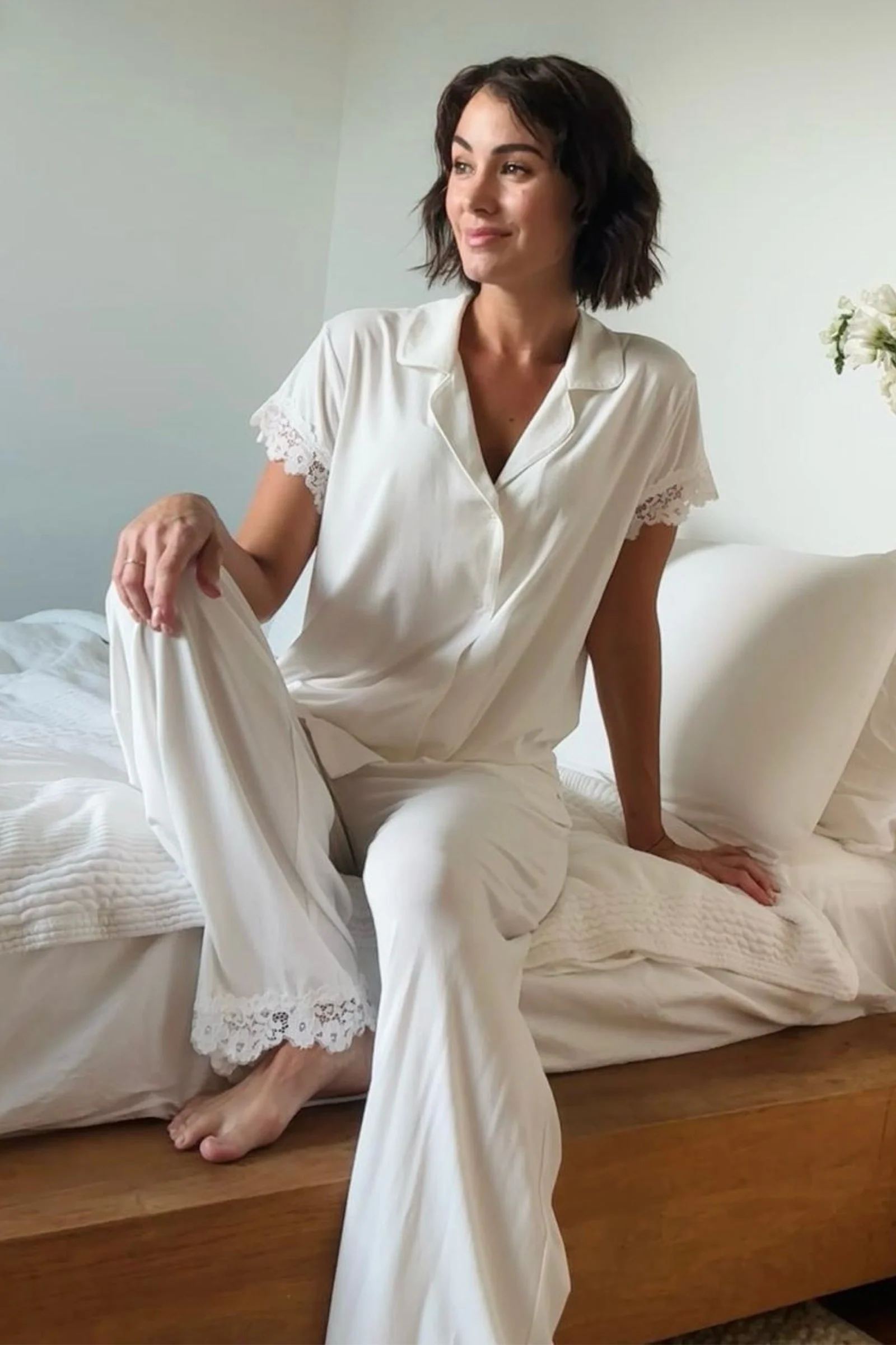 Lace Trim Modal Full Length Pyjama Set IVORY - Image 8