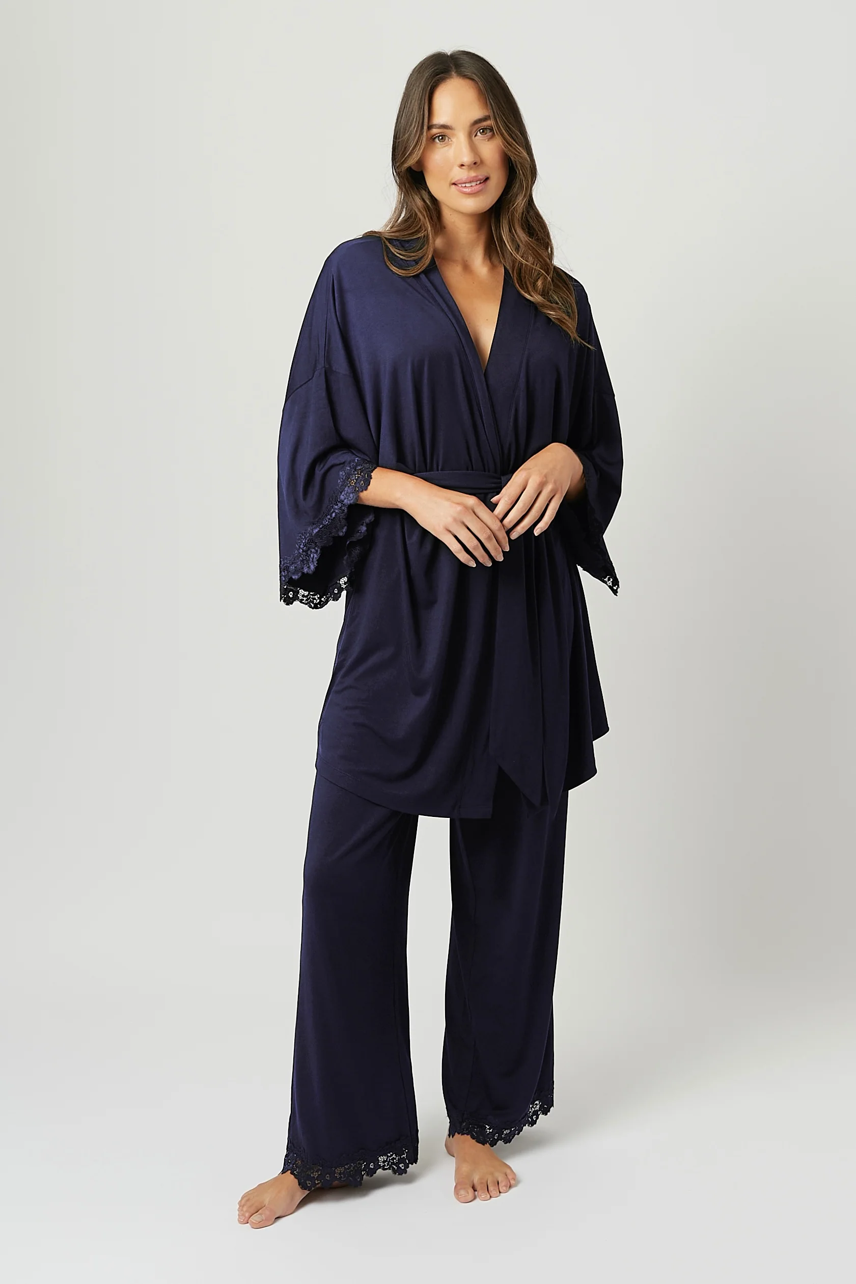 Lace Trim Modal Full Length Pyjama Set NAVY - Image 6