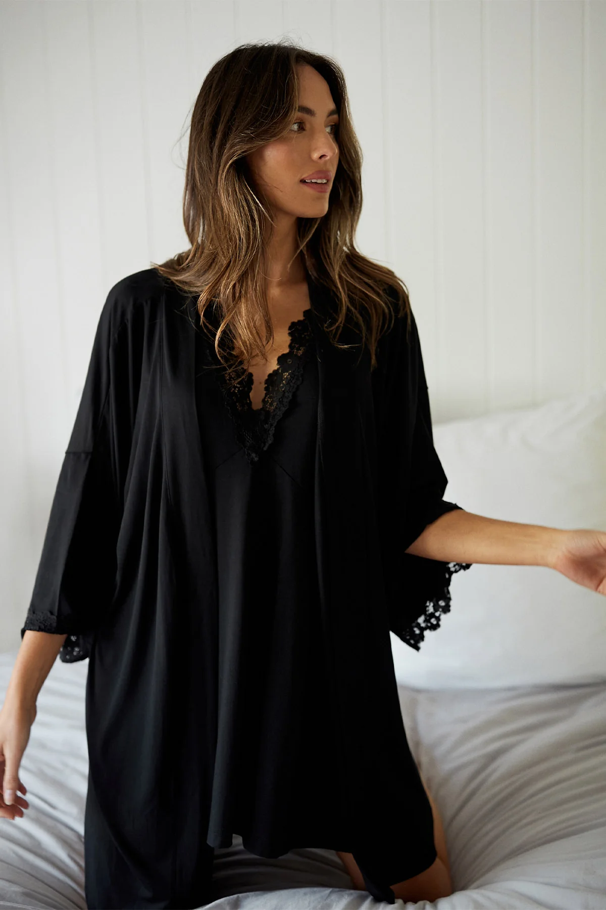 Lace Trim Modal Robe BLACK - Image 14