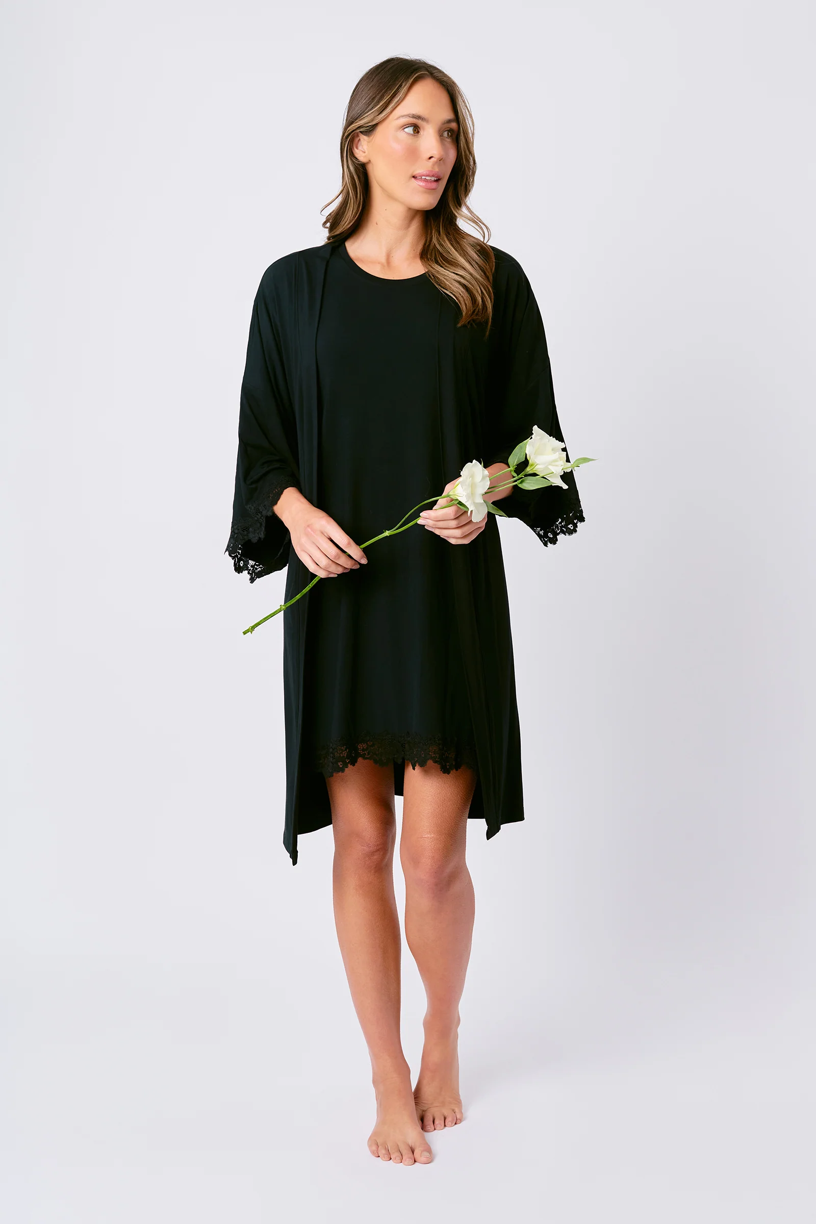 Lace Trim Modal Robe BLACK - Image 8