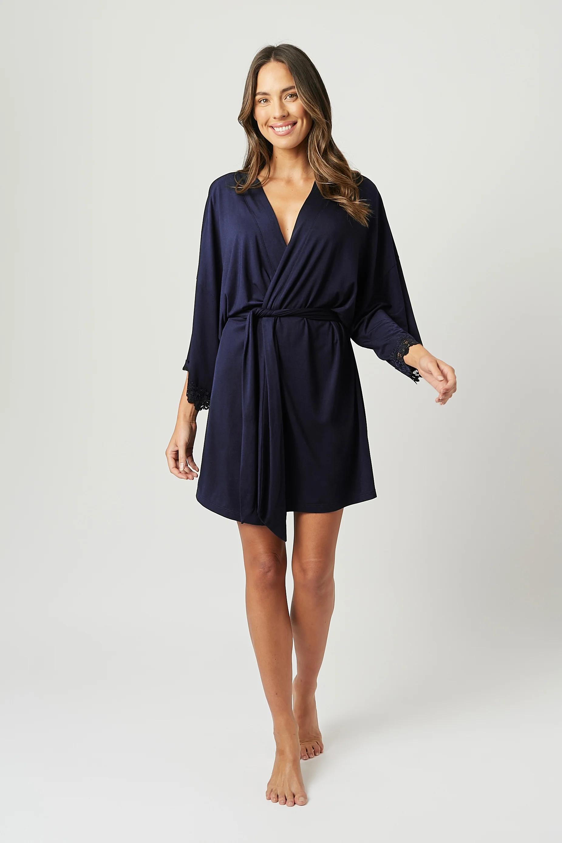 Lace Trim Modal Robe NAVY - Image 3