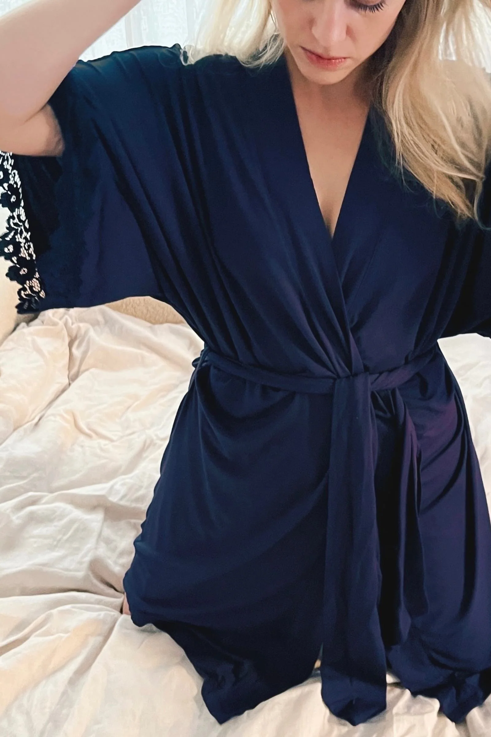 Lace Trim Modal Robe NAVY - Image 7