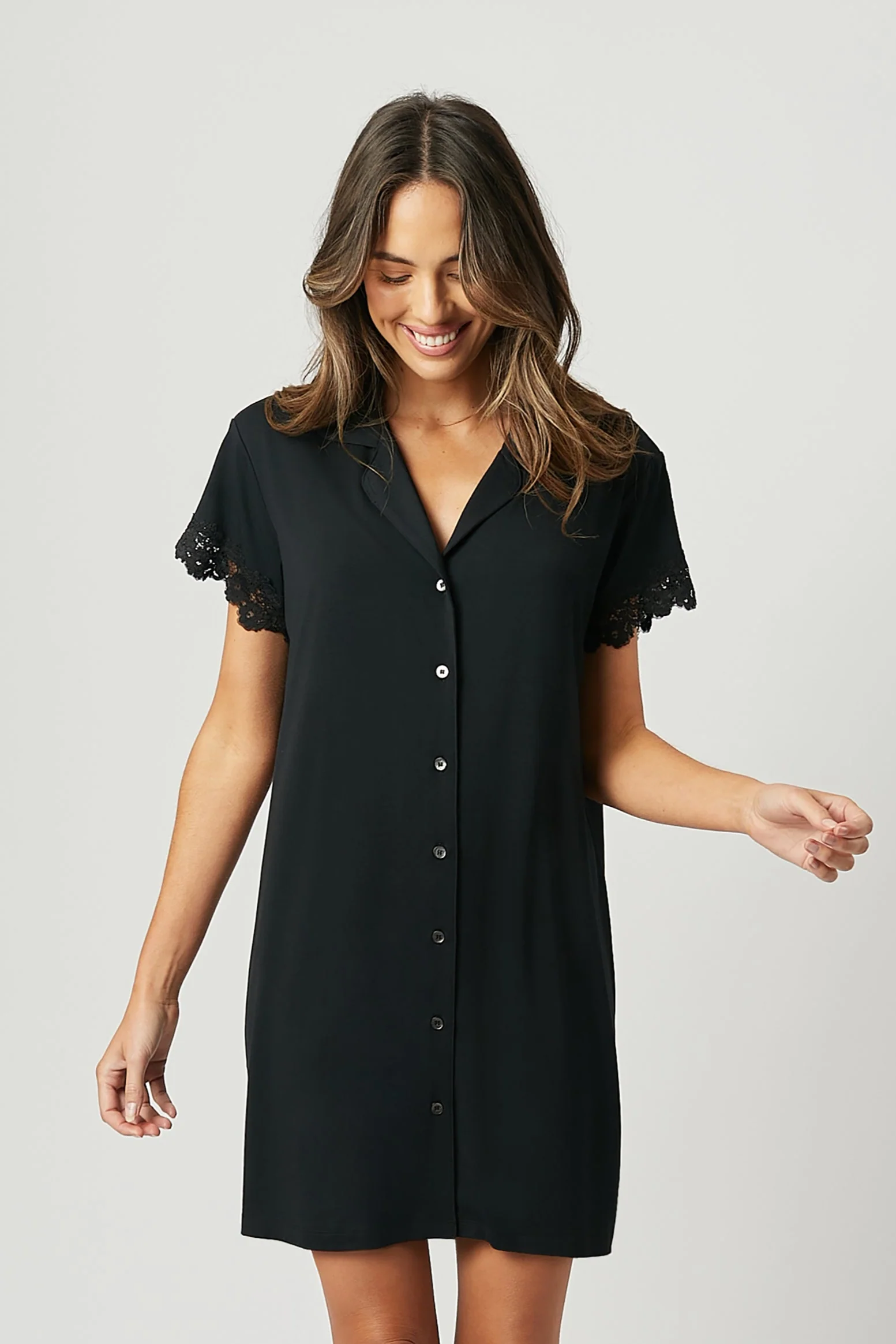Lace Trim Sleep Shirt Nightie BLACK - Image 3