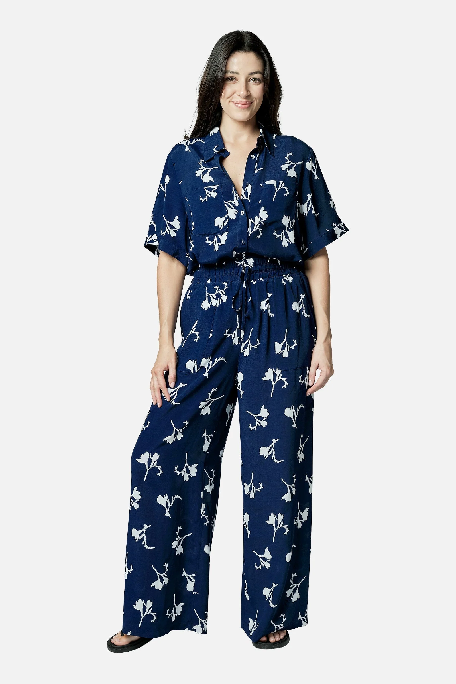 Short Sleeve Button-Up Shirt FREESIA SILHOUETTE NAVY - Image 7