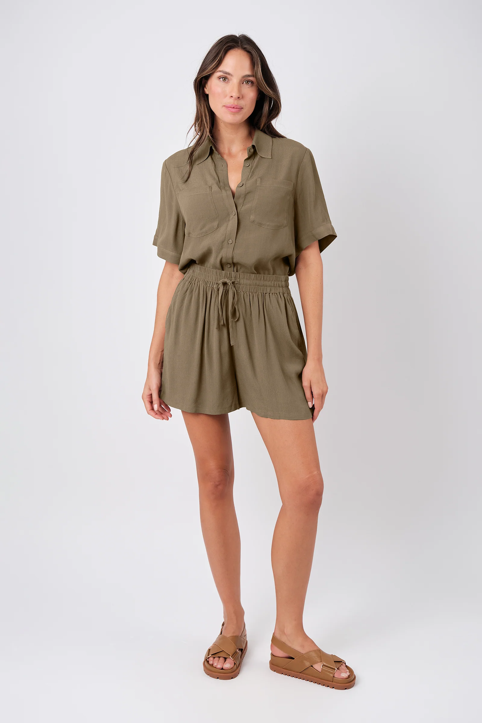 Short Sleeve Button-Up Shirt KHAKI - Image 9
