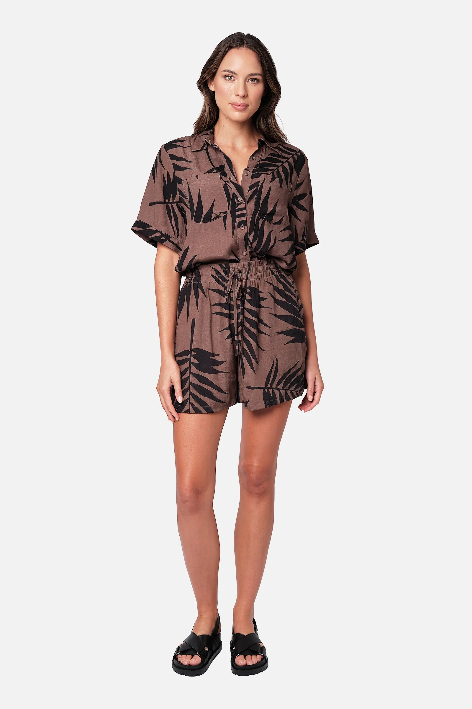 Short Sleeve Button-Up Shirt PALM SILHOUETTE CHOCOLATE - Image 4